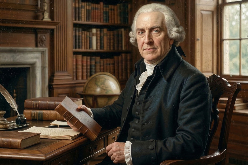 Ekonomins fader Adam Smith vid ett skrivbord hållandes en bok (AI genererad)