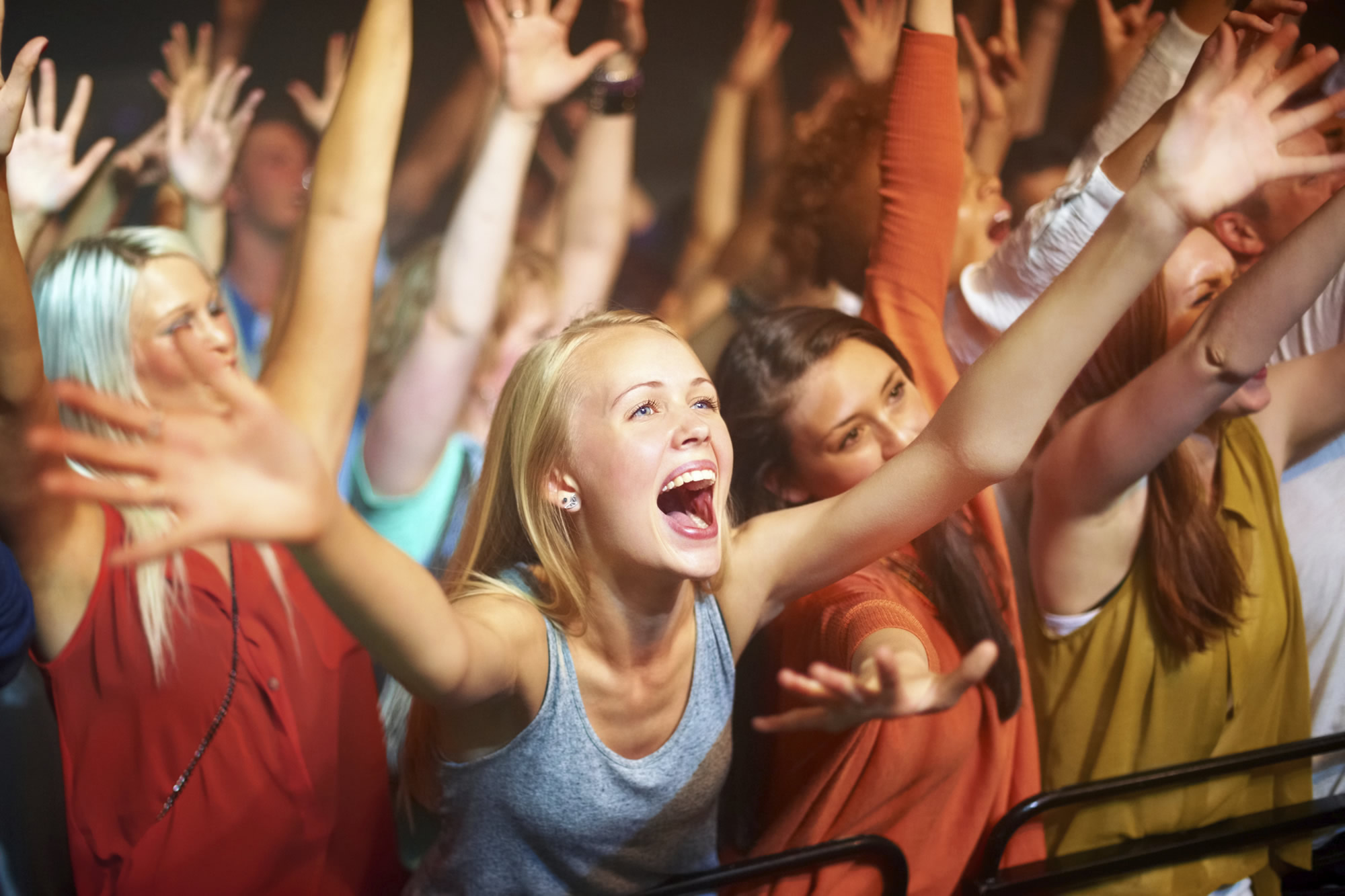 Publik framför scenen under musikkonsert, illustrerar kundgruppen musikartister, band och orkestrar hos Supervizion Business Management.